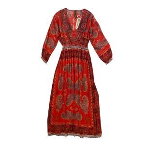 NWT Aratta Silent Journey Beaded Stand Out Maxi Dress - Red - Paisley - Size S